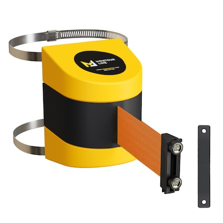 Montour Line Retractable Belt Barrier YW Clamped Wall Mount, 13' Orange Belt (M) PWM200-YW-OR-C-M-130